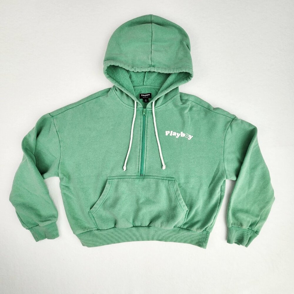 Playboy by PacSun Womens Happy Camper Half Zip Hoodie Size S Green